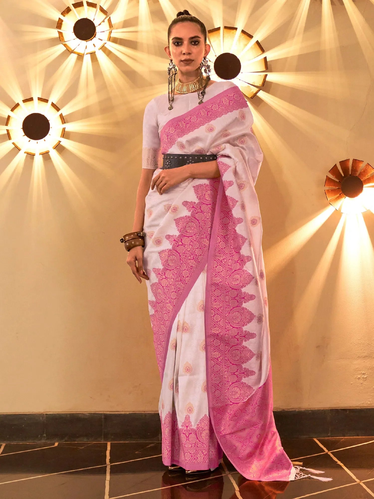 White Woven Polyester Saree with Blouse | Indian Wedding Sarees