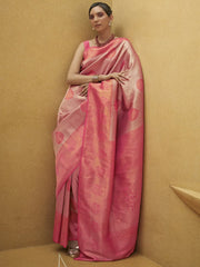 Women's Nylon Pink Woven Design Designer Saree With Blouse Piece-KORVAI264005