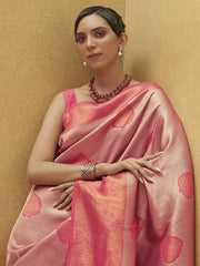 Women's Nylon Pink Woven Design Designer Saree With Blouse Piece-KORVAI264005