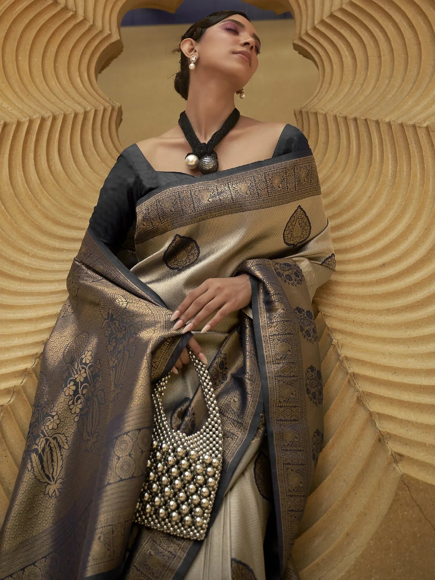 Nylon Beige Saree with Blouse | Indian Sari