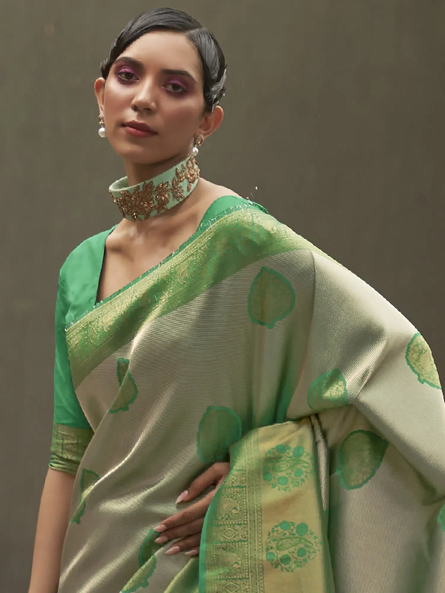 Grey Nylon Saree - Woven Design & Blouse | Indian Wedding Sarees