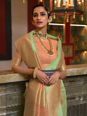 Women's Blend Peach Woven Design Handloom Saree With Blouse Piece-KOSMIC270006