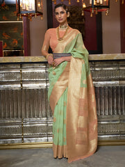 Women's Blend Peach Woven Design Handloom Saree With Blouse Piece-KOSMIC270006