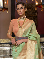 Women's Blend Peach Woven Design Handloom Saree With Blouse Piece-KOSMIC270006