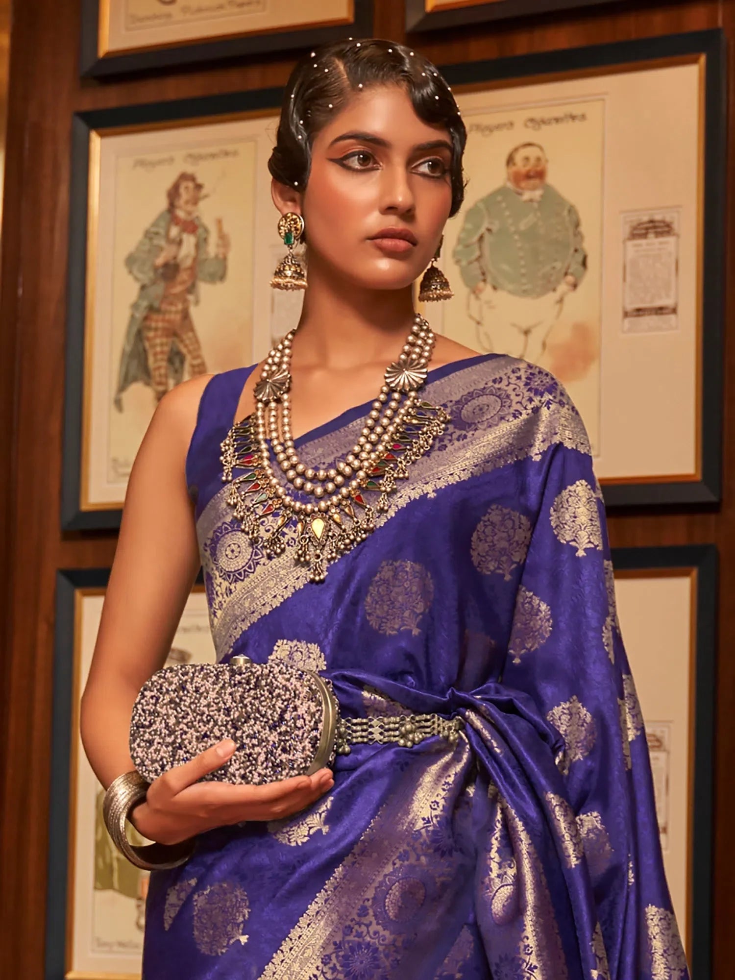 Navy Blue Woven Polyester Indian Sari - With Blouse