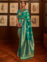 Women's Blend Navy Blue Woven Design Designer Saree With Blouse Piece-KQALIB328003