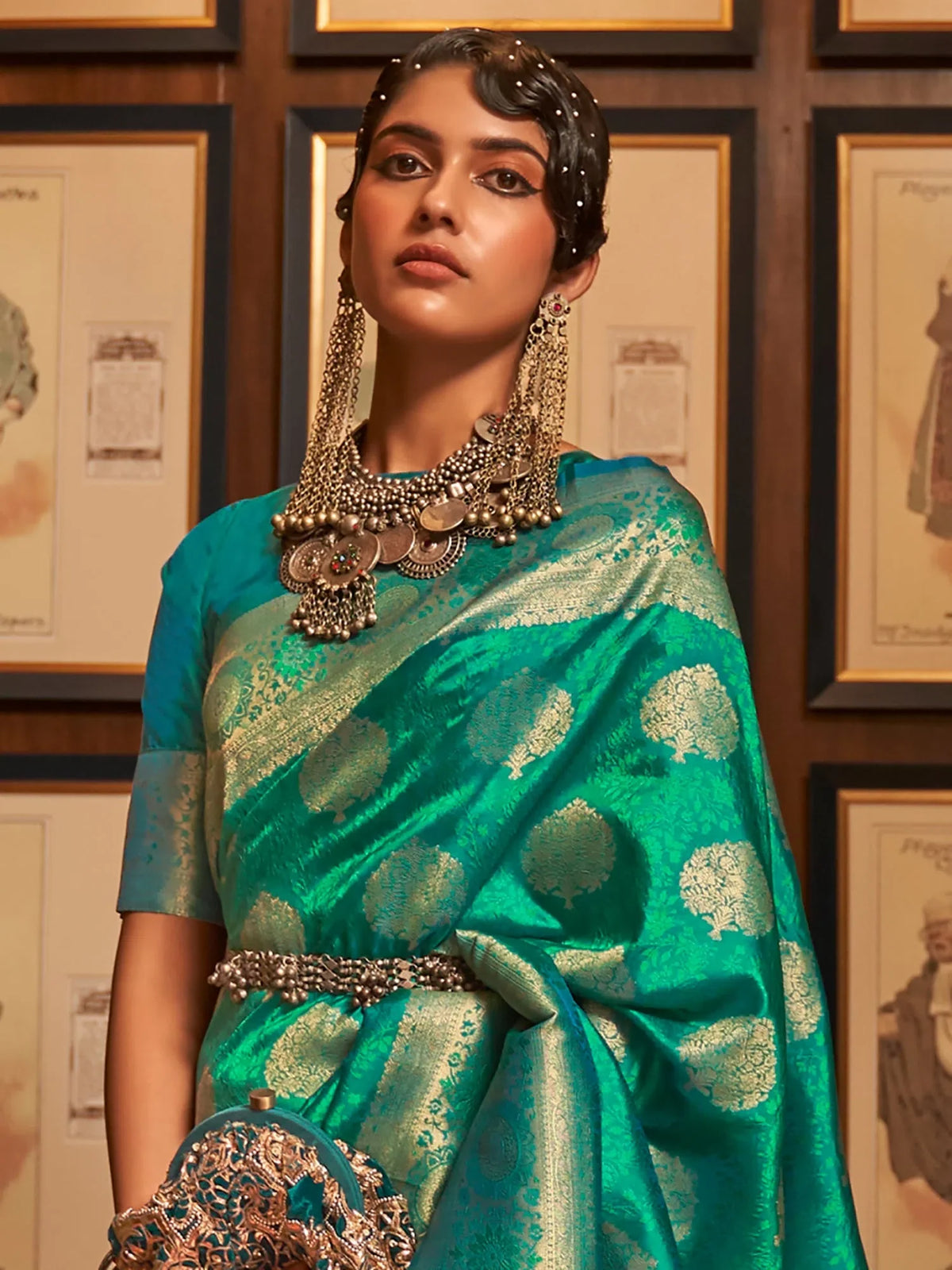 Women's Blend Navy Blue Woven Design Designer Saree With Blouse Piece-KQALIB328003