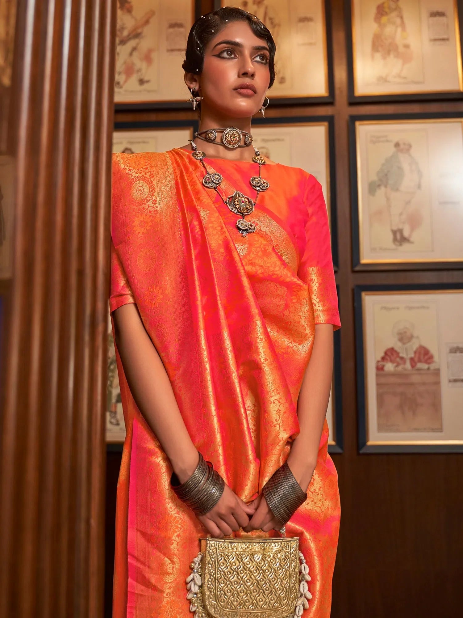 Peach Woven Polyester Saree with Blouse | Trendy Indian Sari