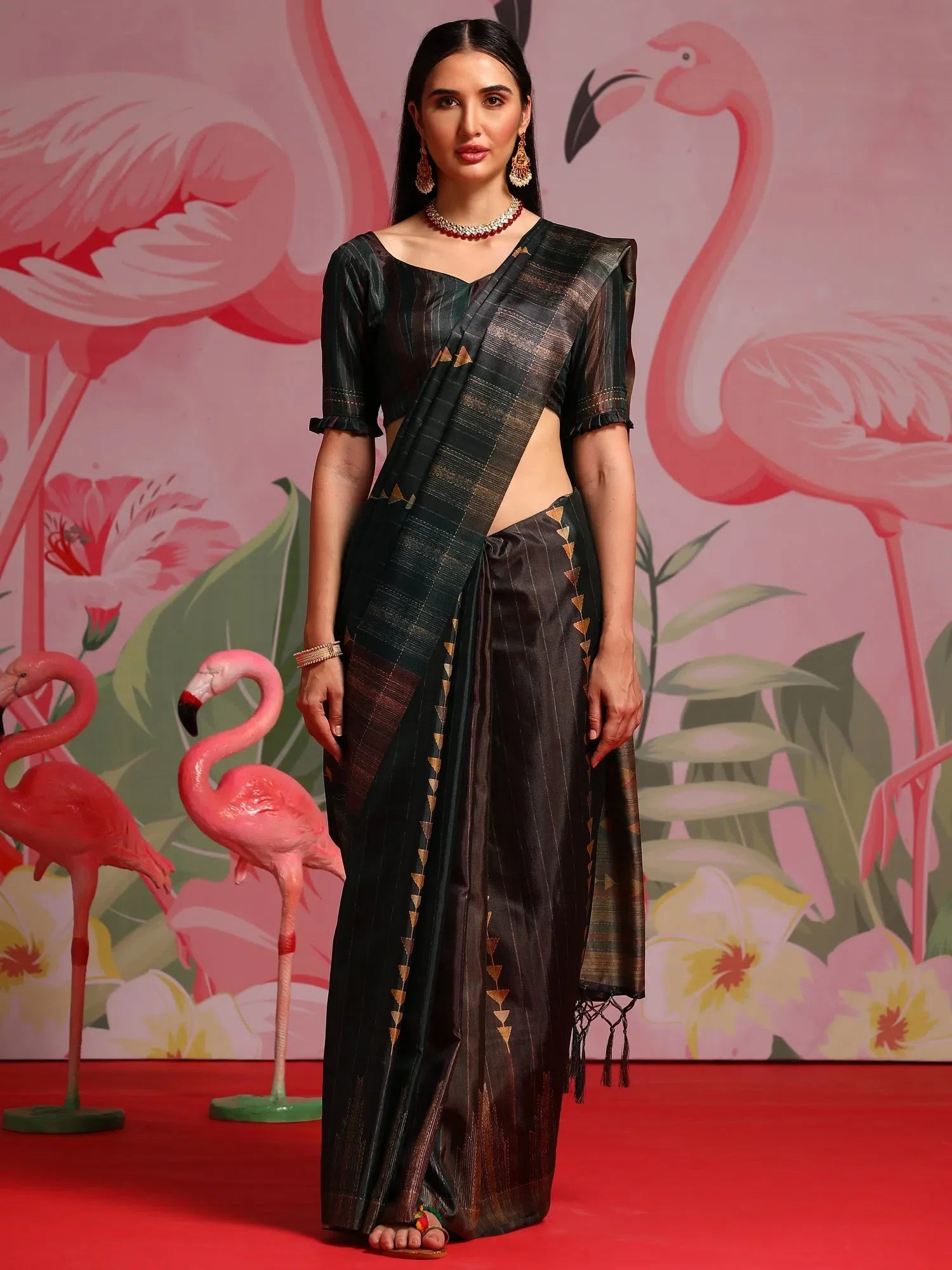 Coffee Brown Printed Polyester Saree | Indian Sari Elegance