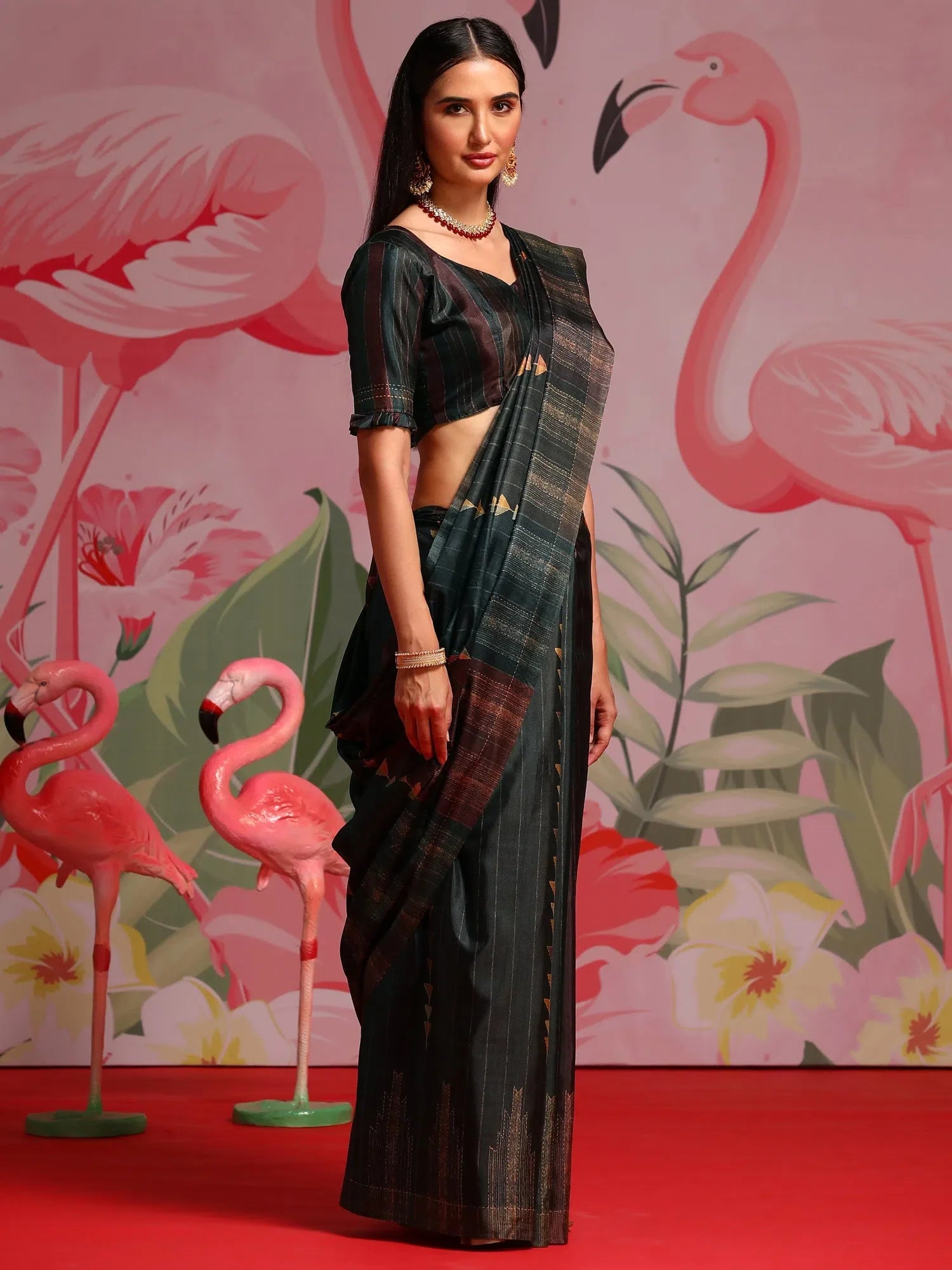 Coffee Brown Printed Polyester Saree | Indian Sari Elegance