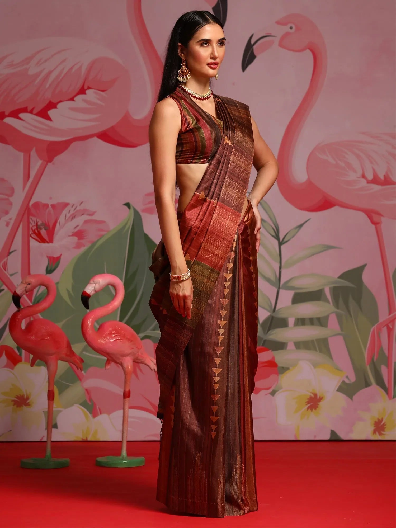 Maroon Printed Polyester Indian Sari - Designer Saree