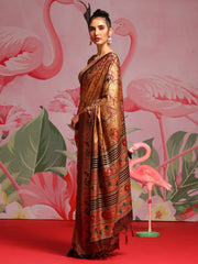 Women's  Blend Camel Brown Printed Designer Saree With Blouse Piece-KOZI107B