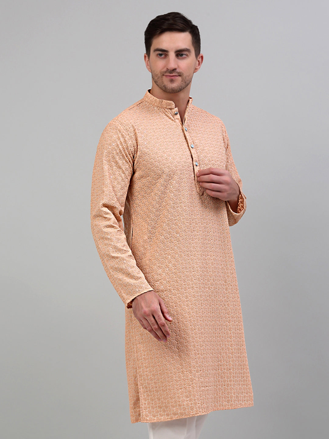 DesiQlo Men Embroidered Kurta Only - Orange - KO_5000Peach_S