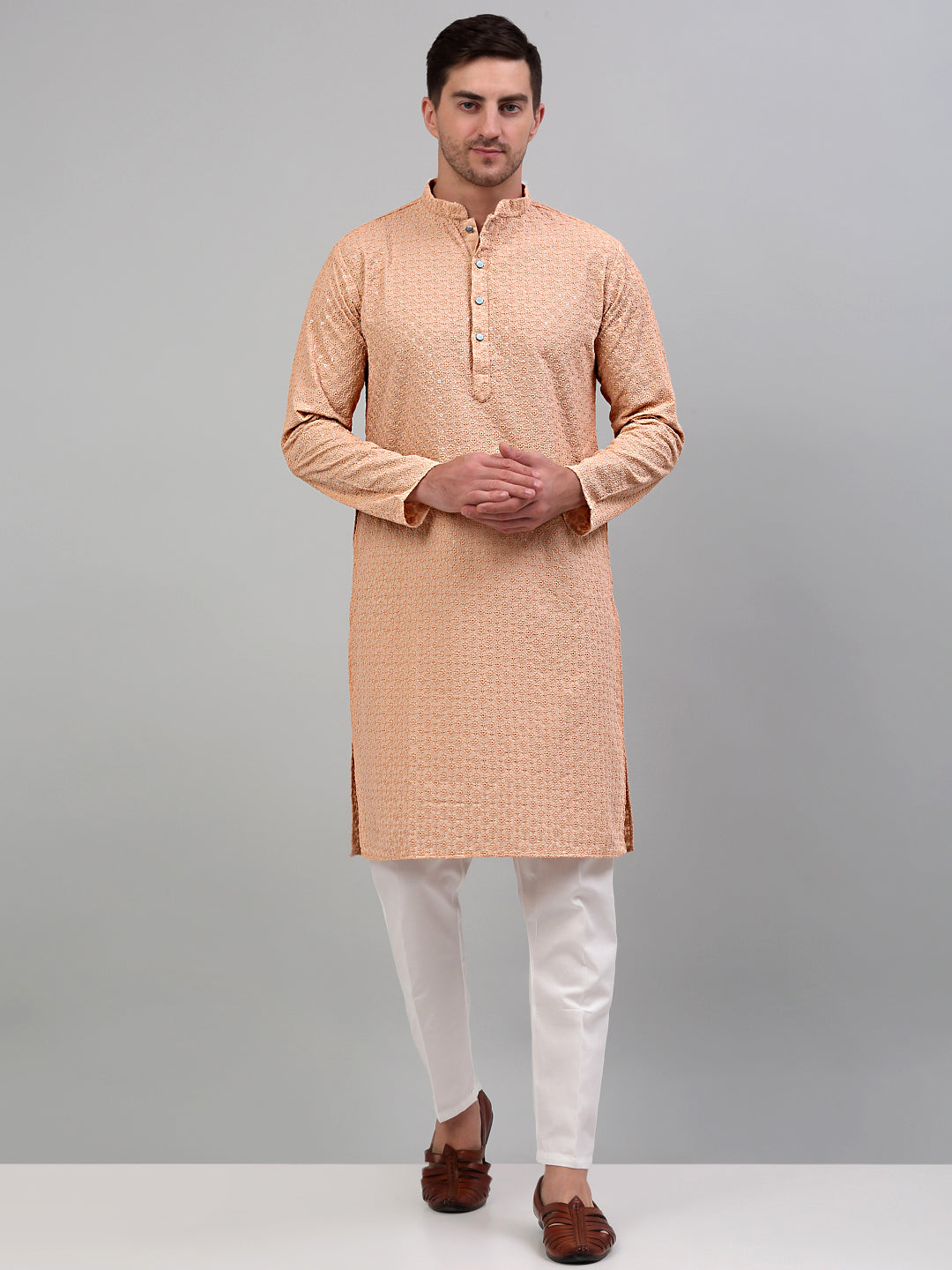 DesiQlo Men Embroidered Kurta Only - Orange - KO_5000Peach_S