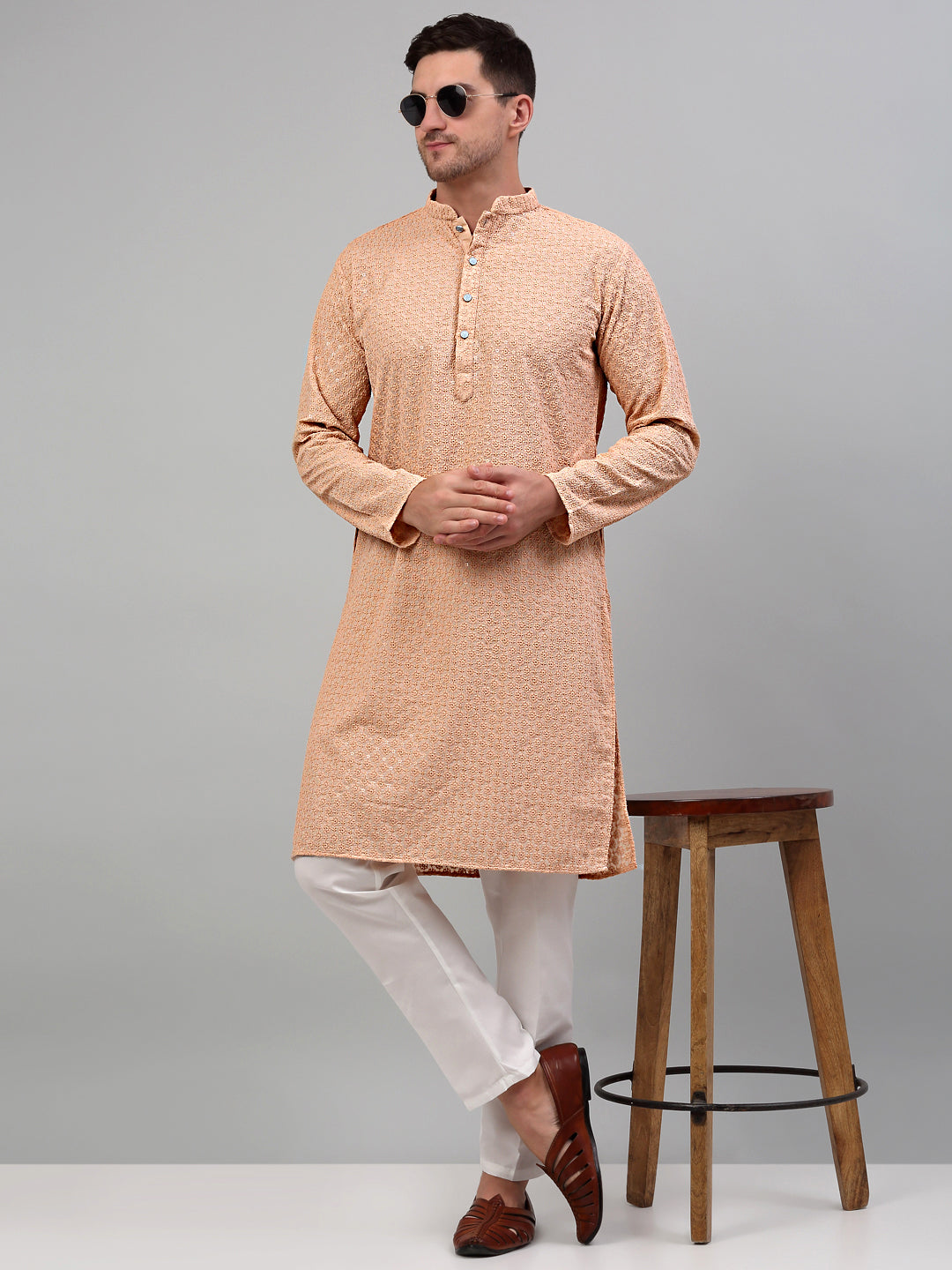 DesiQlo Men Embroidered Kurta Only - Orange - KO_5000Peach_S