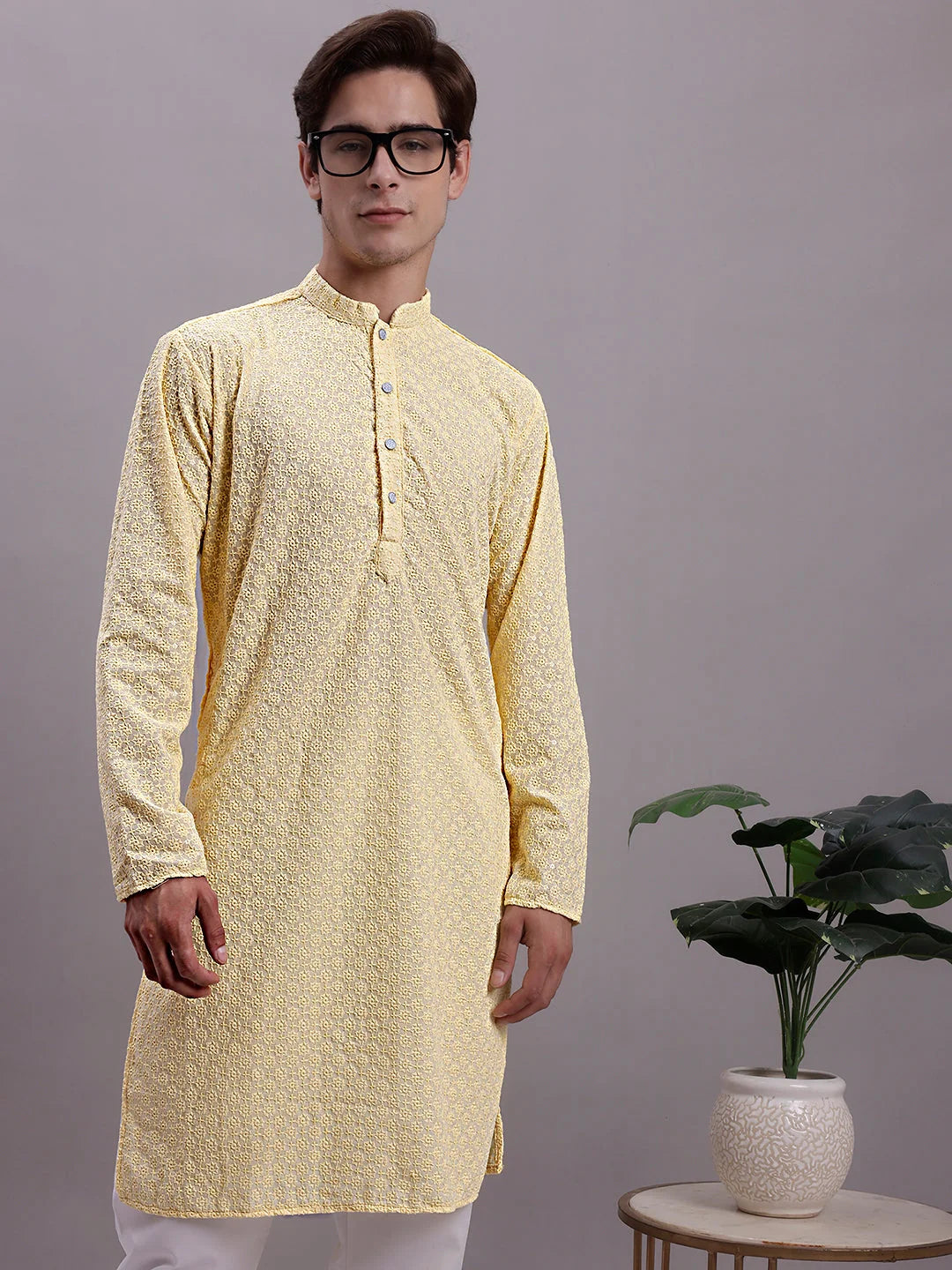 Yellow Chikankari Mens Kurta - Embroidered Indian Kurta for Men