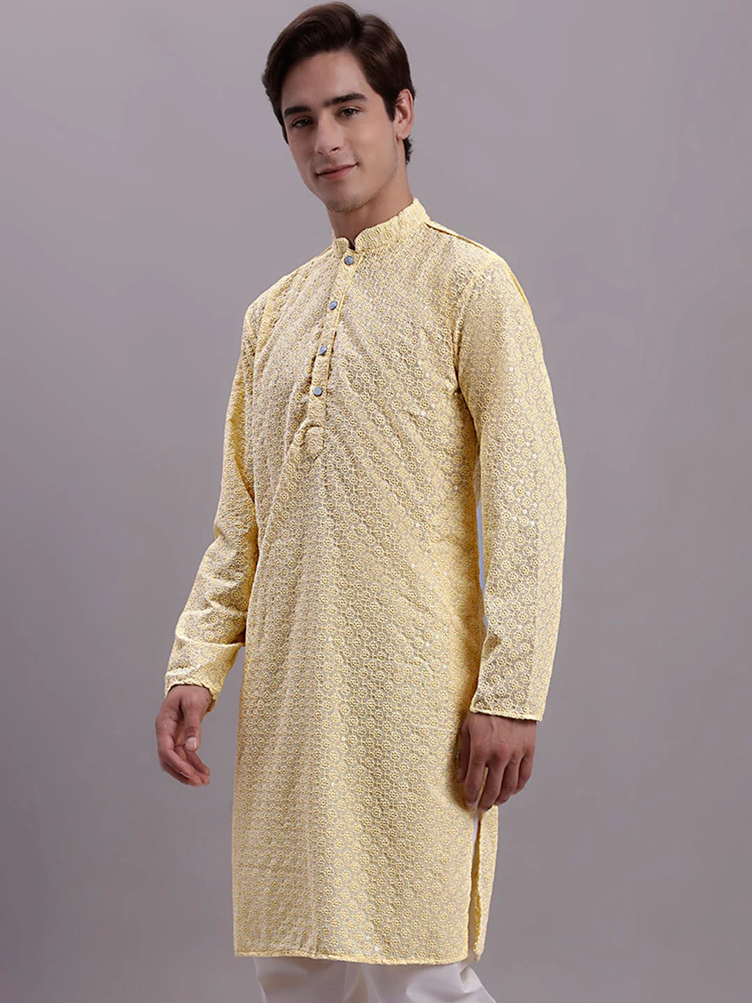 Yellow Chikankari Mens Kurta - Embroidered Indian Kurta for Men