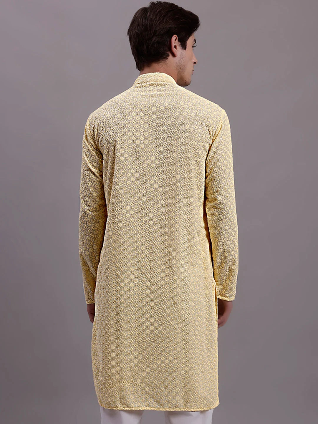Yellow Chikankari Mens Kurta - Embroidered Indian Kurta for Men