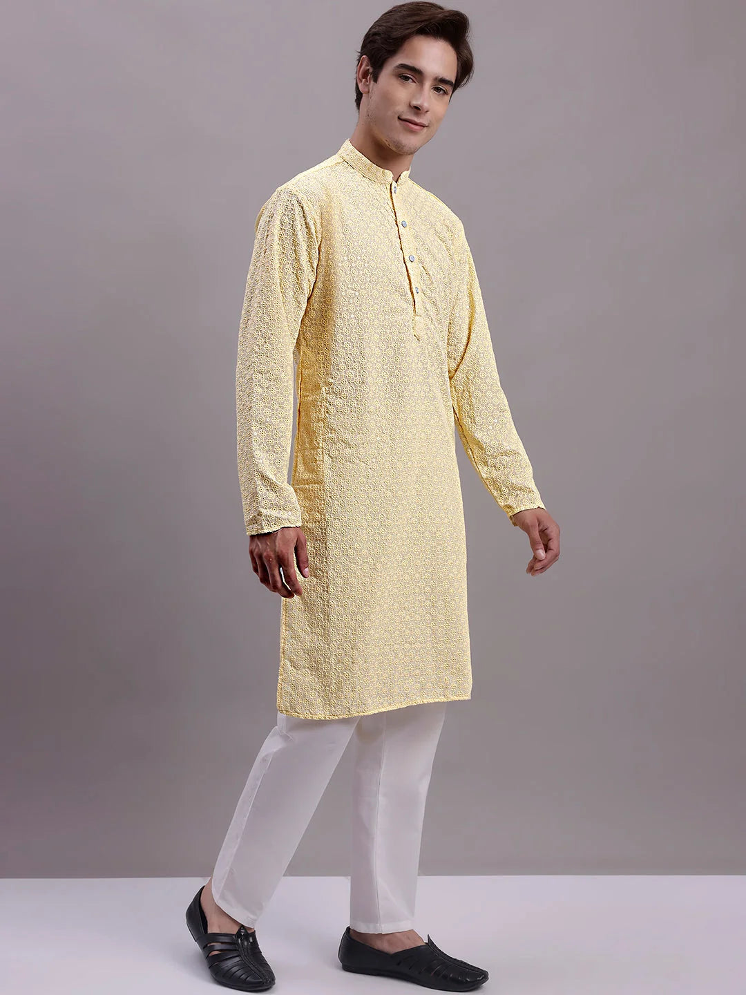 Yellow Chikankari Mens Kurta - Embroidered Indian Kurta for Men