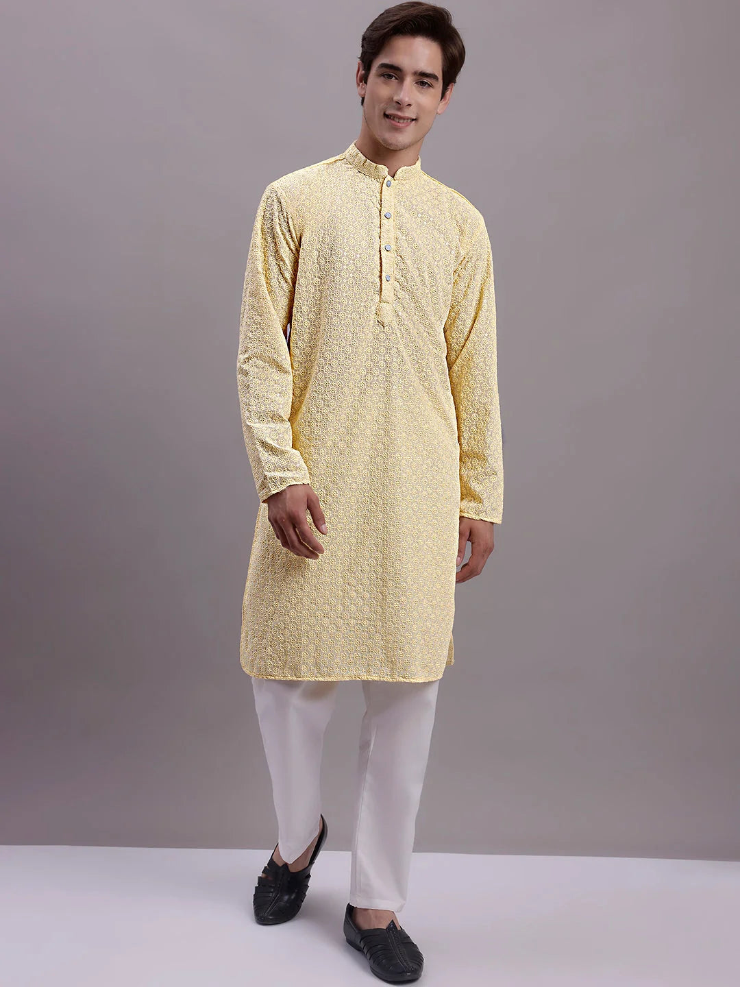 Yellow Chikankari Mens Kurta - Embroidered Indian Kurta for Men