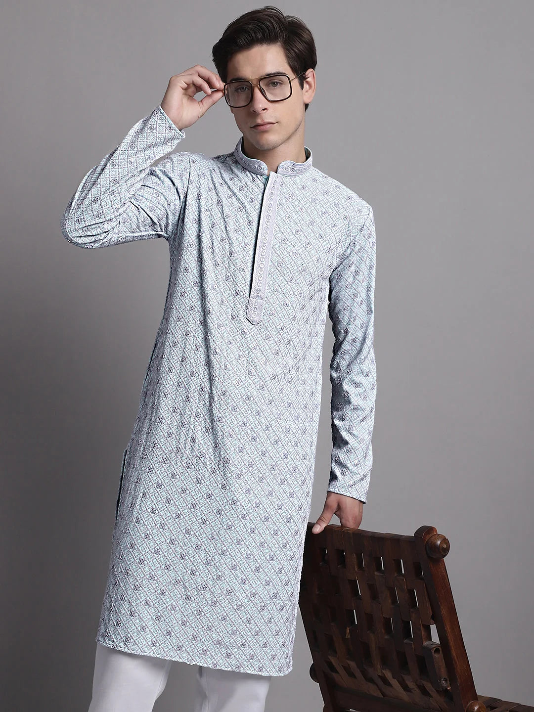 Blue Chikankari Indian Kurta - Shop Mens Kurta Online