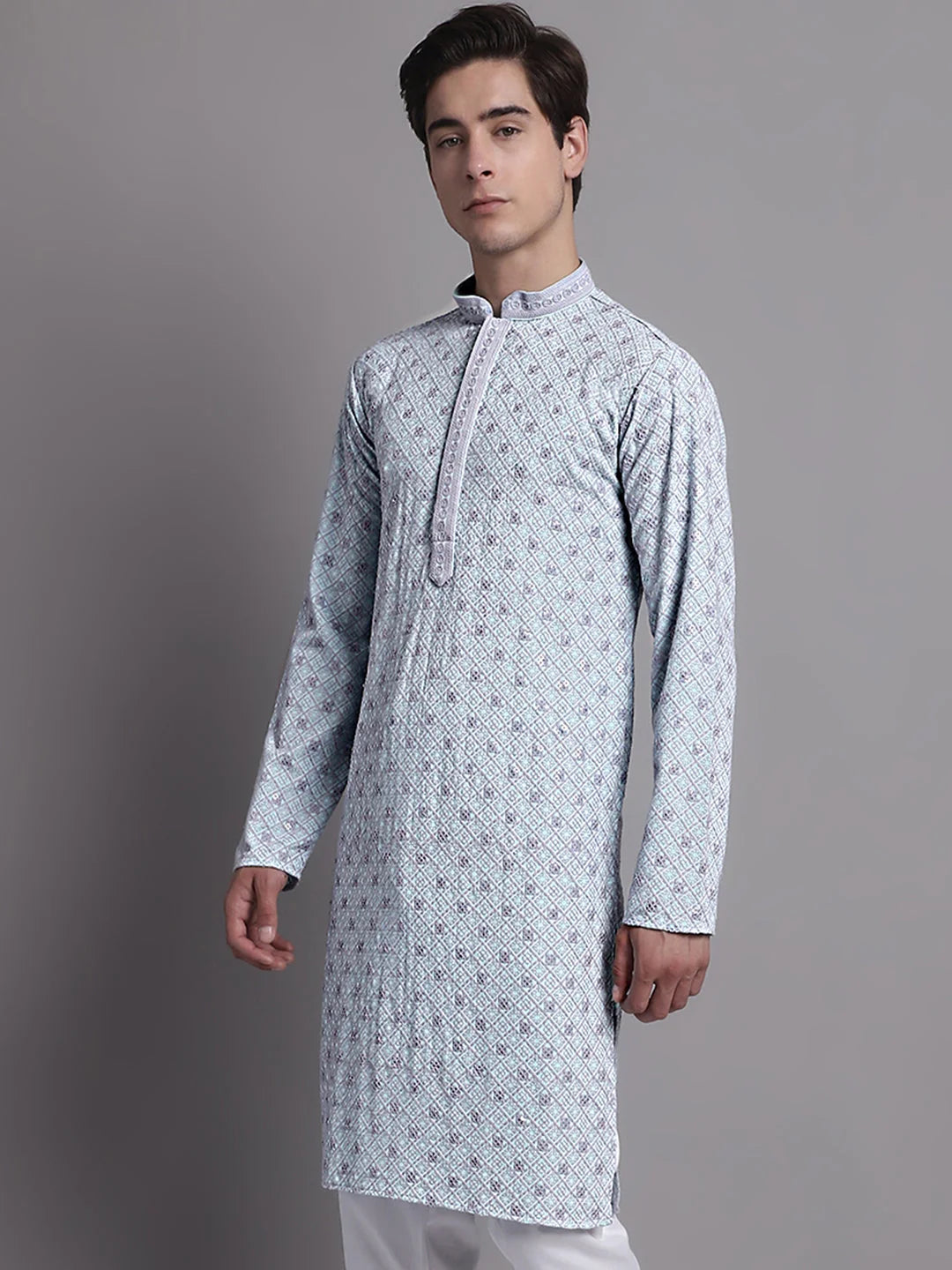 Blue Chikankari Indian Kurta - Shop Mens Kurta Online