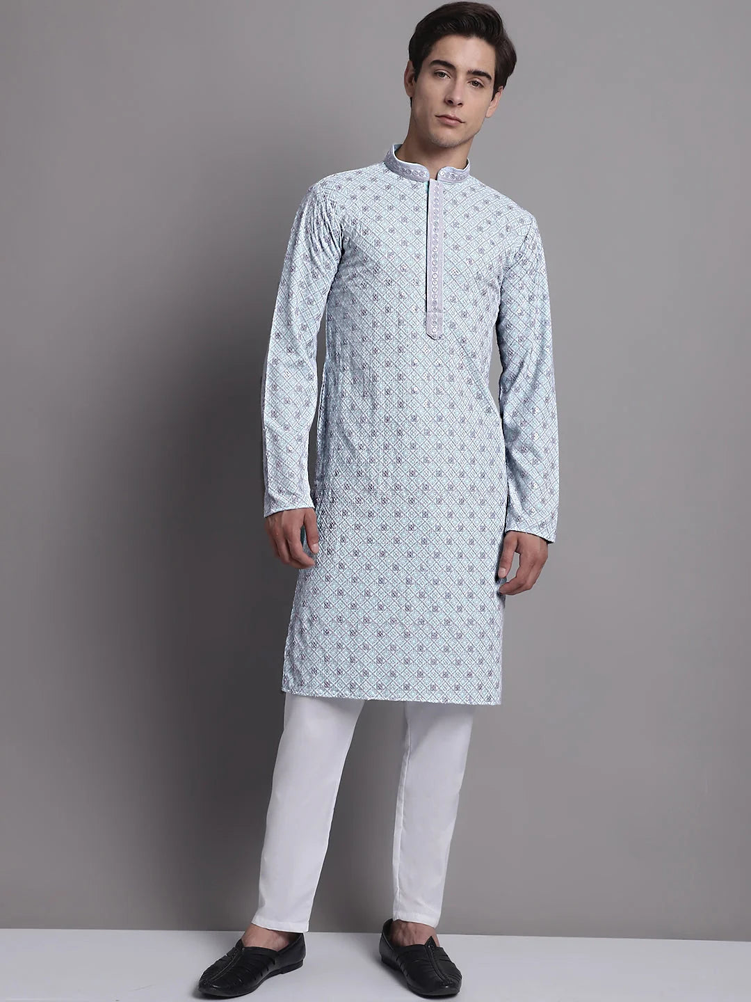 Blue Chikankari Indian Kurta - Shop Mens Kurta Online
