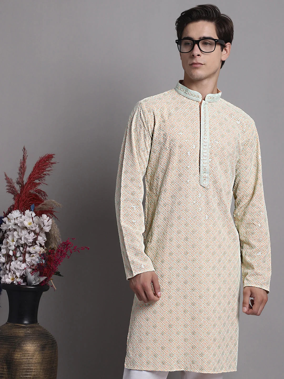 Peach Chikankari Mens Kurta - Indian Kurta for Men