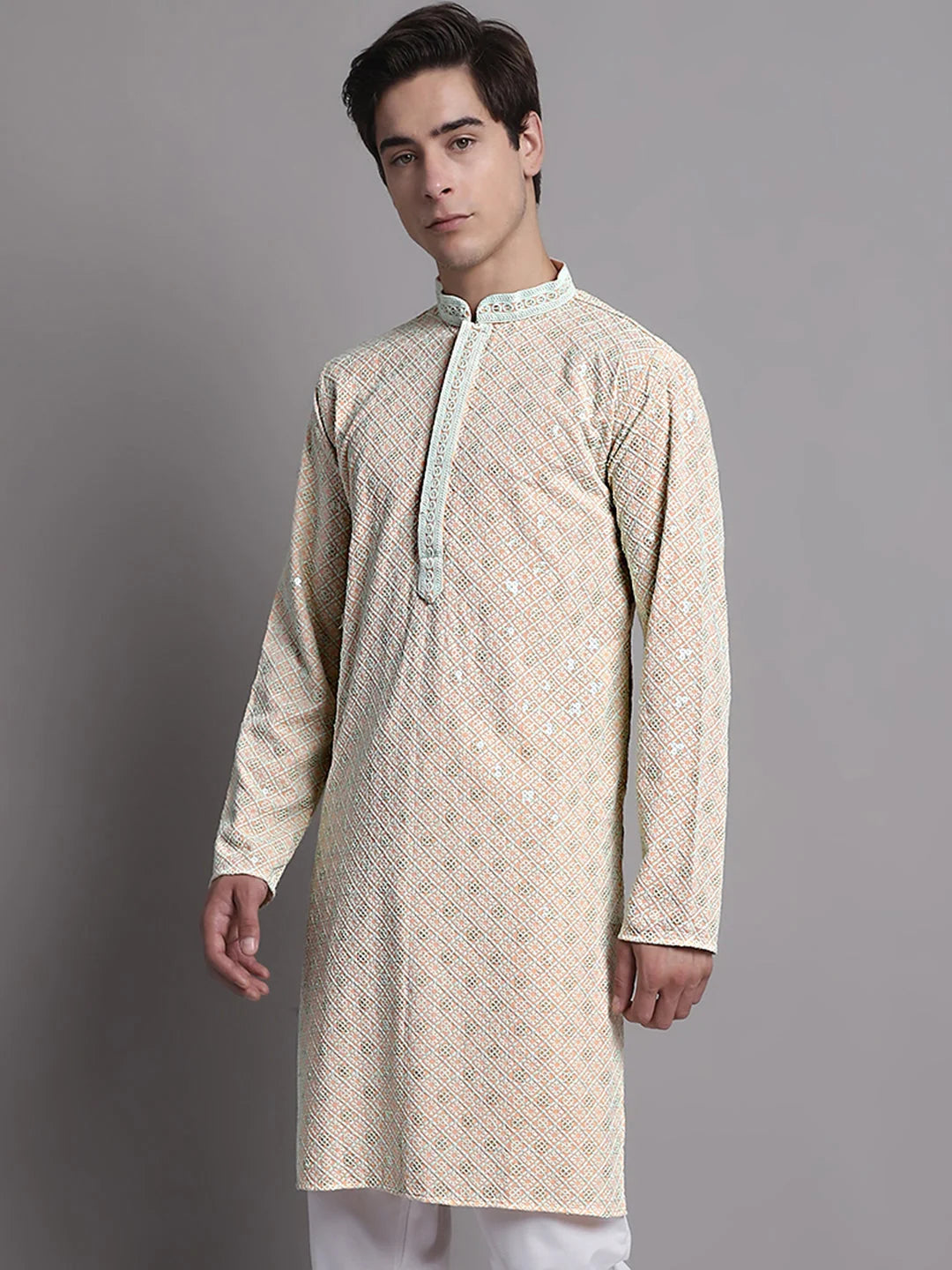 Peach Chikankari Mens Kurta - Indian Kurta for Men