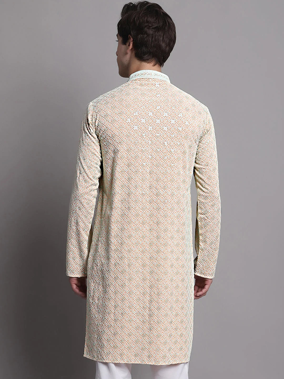 Peach Chikankari Mens Kurta - Indian Kurta for Men