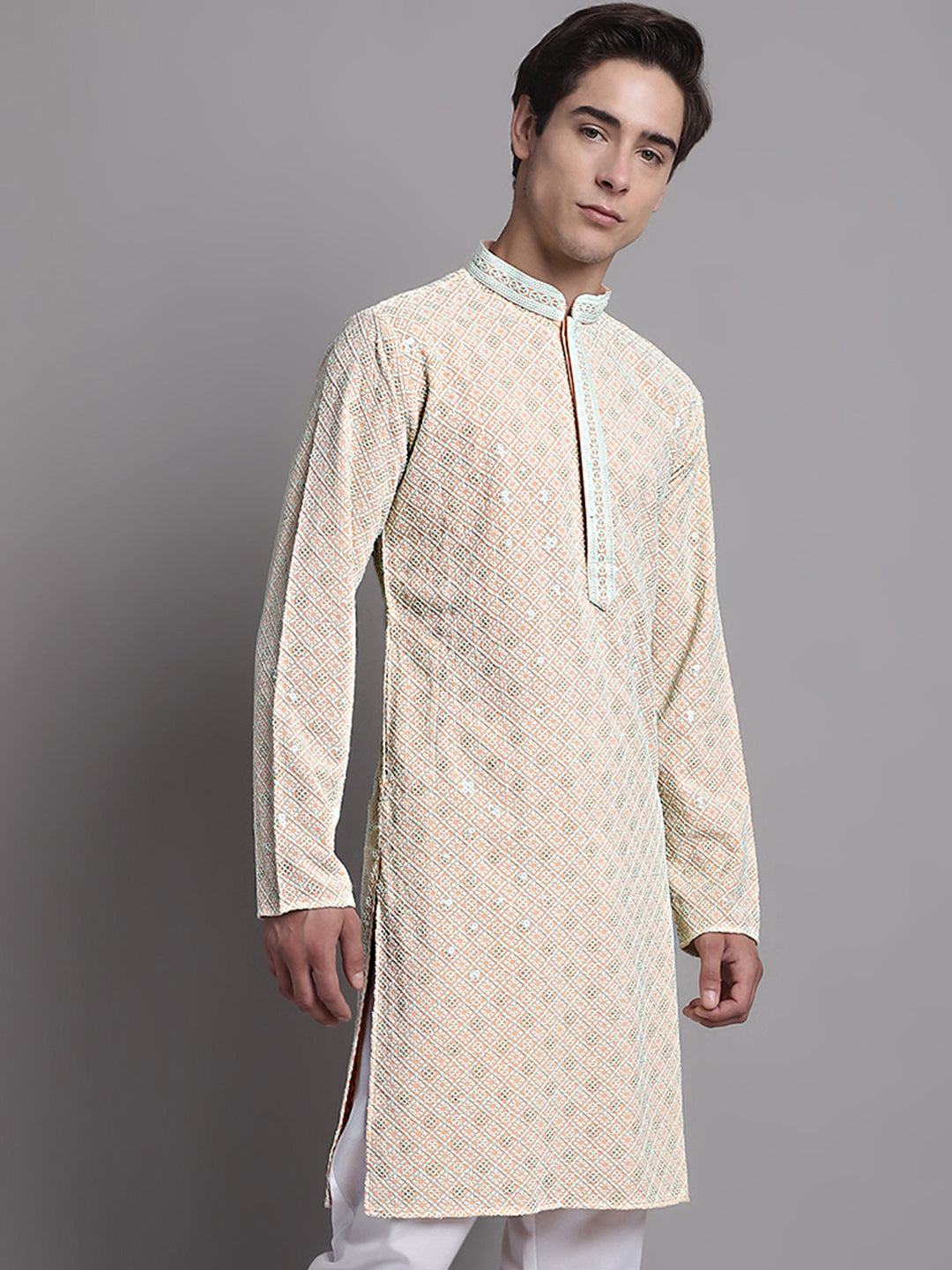 Peach Chikankari Mens Kurta - Indian Kurta for Men