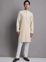Men's Peach Chikankari Embroidered and Sequence Kurta