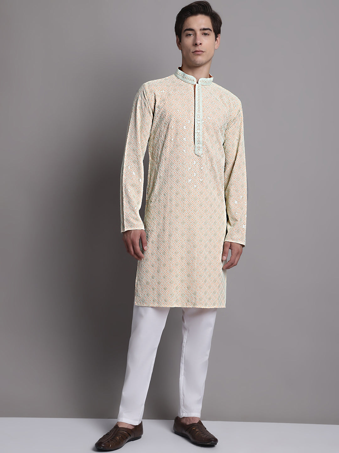 Peach Chikankari Mens Kurta - Indian Kurta for Men