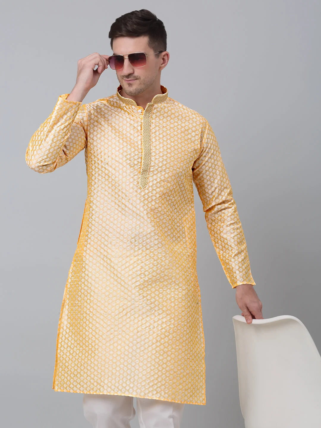 Golden Embroidered Mens Kurta - Cotton Indian Kurta for Men St...