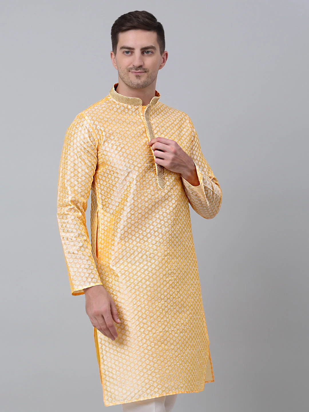Golden Embroidered Mens Kurta - Cotton Indian Kurta for Men St...