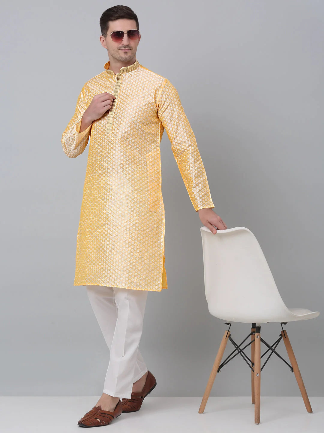 Golden Embroidered Mens Kurta - Cotton Indian Kurta for Men St...