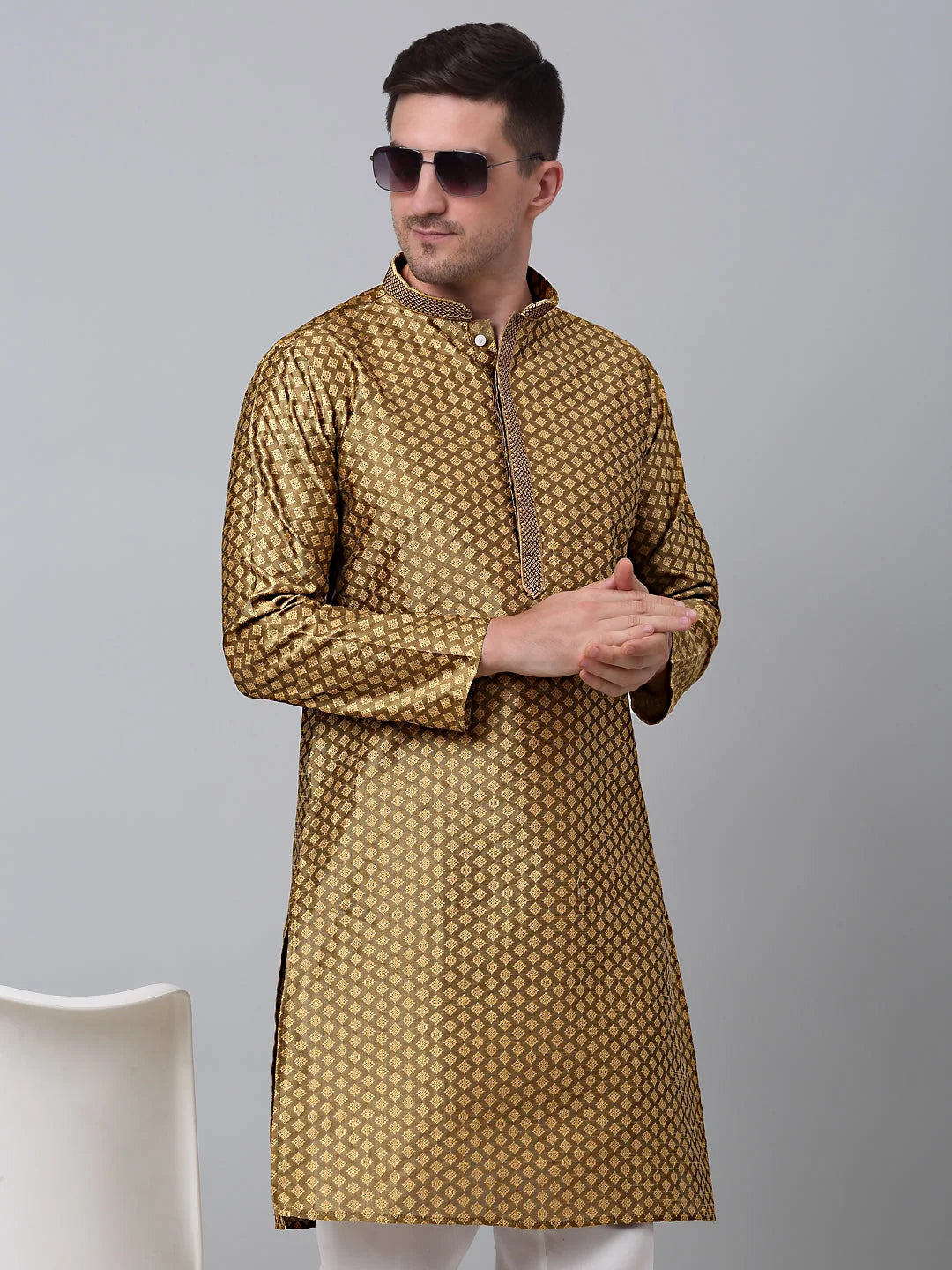 Mustard Embroidered Mens Kurta - Cotton Indian Kurta for Men O...