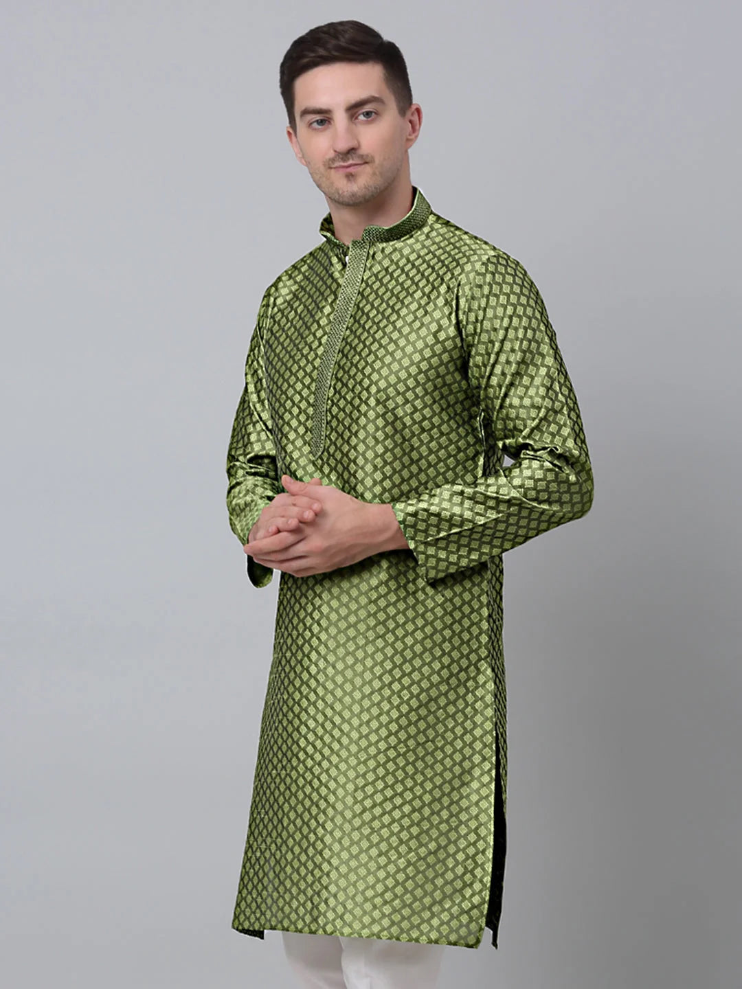 Olive Green Embroidered Mens Kurta - Cotton Indian Kurta for Men