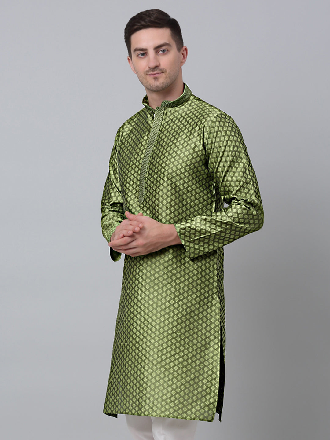 Olive Green Embroidered Mens Kurta - Cotton Indian Kurta for Men