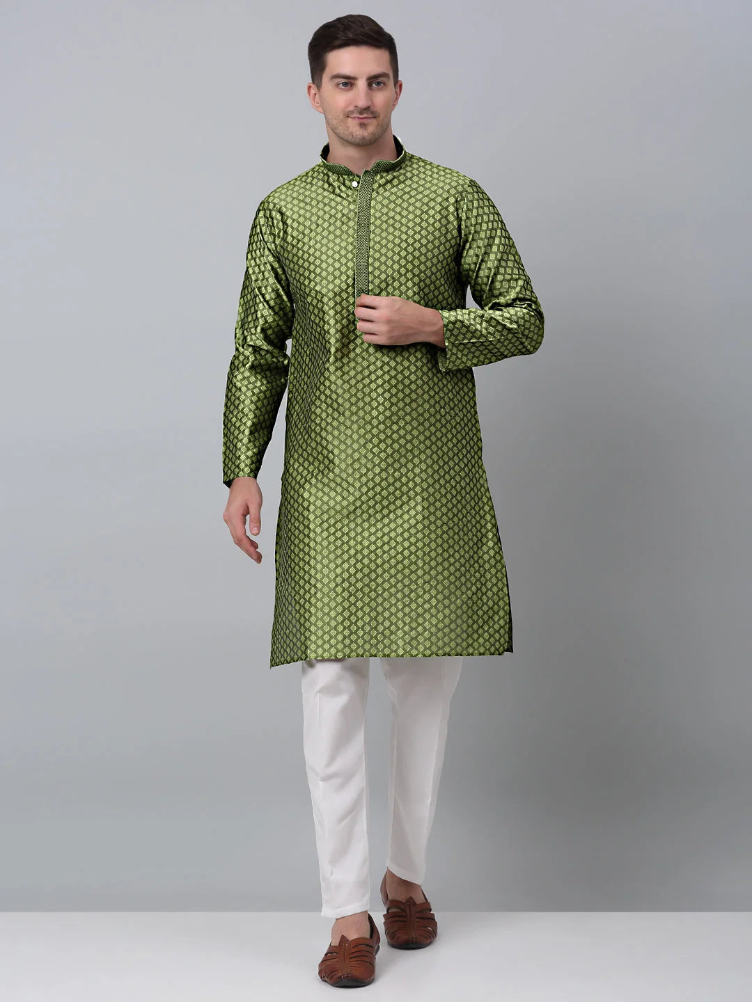 Olive Green Embroidered Mens Kurta - Cotton Indian Kurta for Men