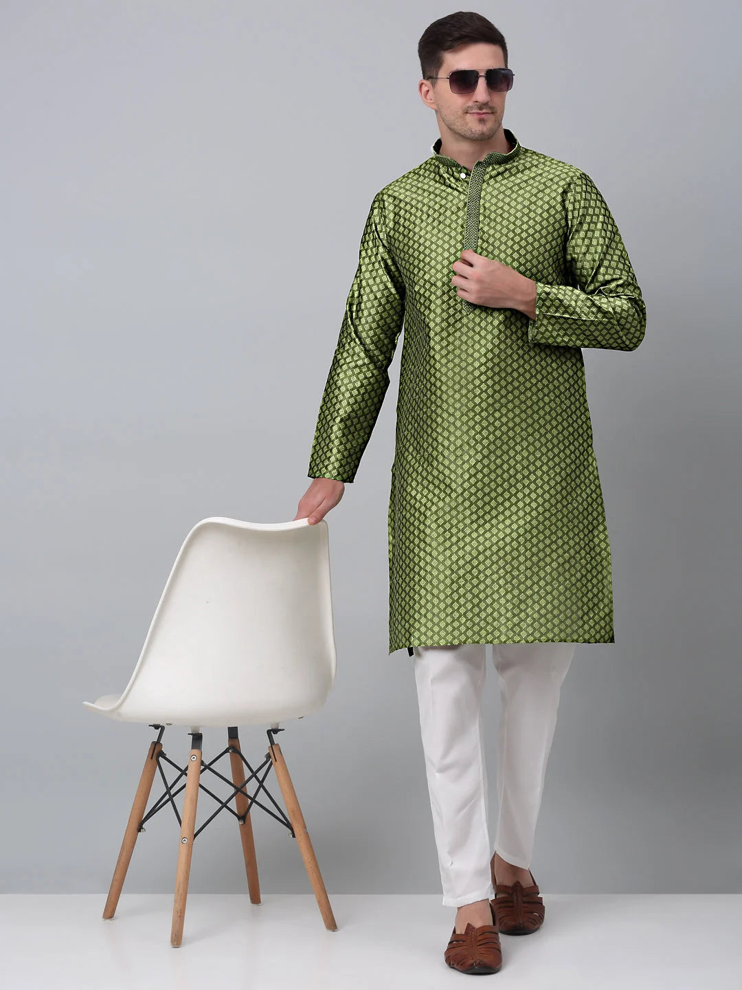 Olive Green Embroidered Mens Kurta - Cotton Indian Kurta for Men