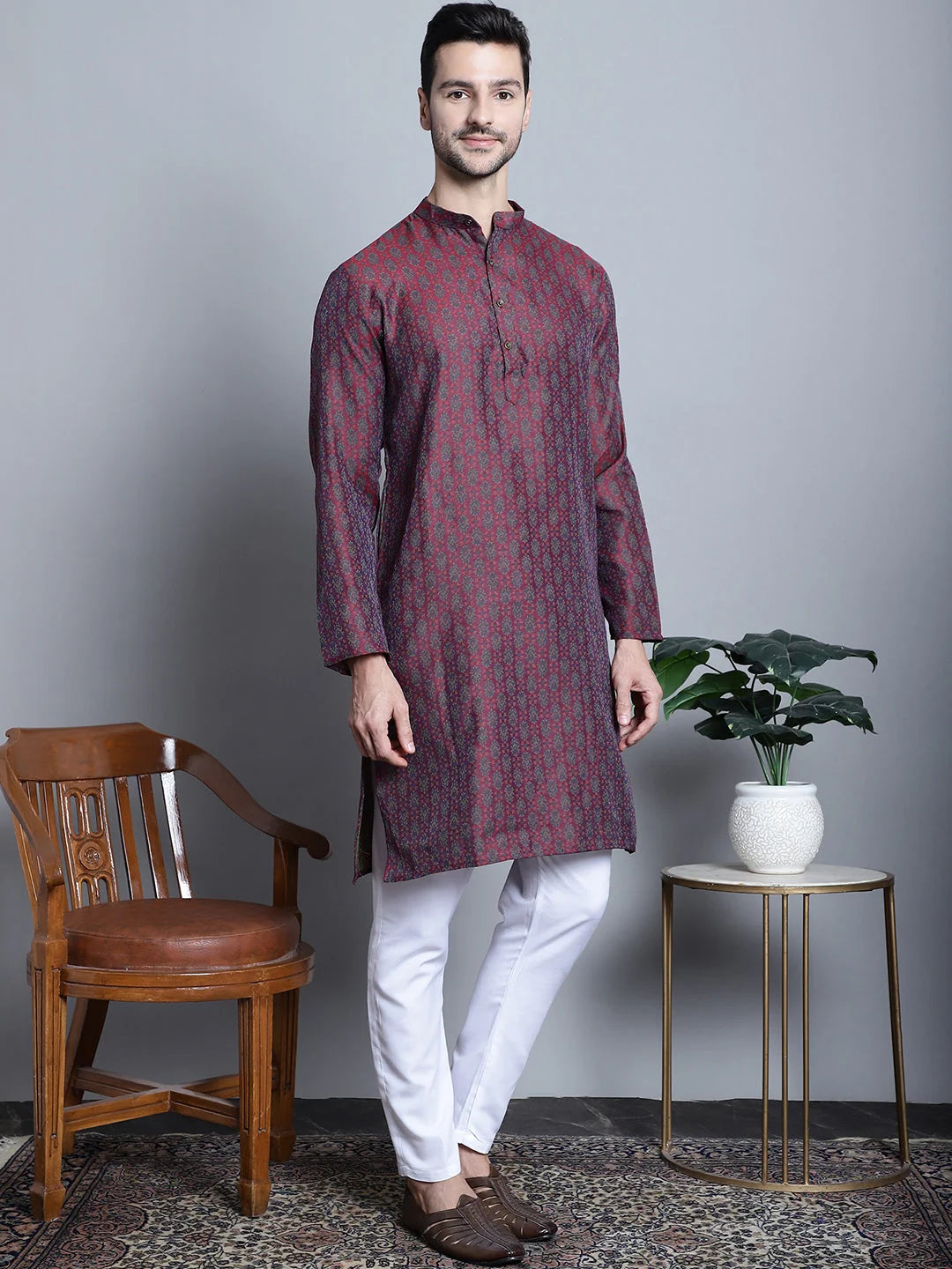 Maroon Woven Design Kurta - Stylish Men's Indian Kurta