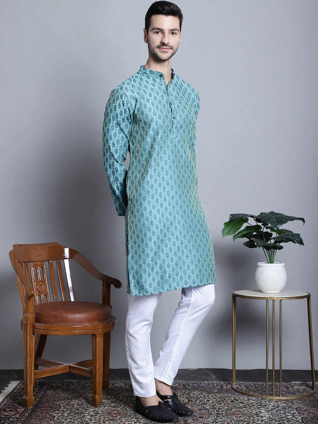 Blue Woven Design Kurta - Indian Kurta for Men Online