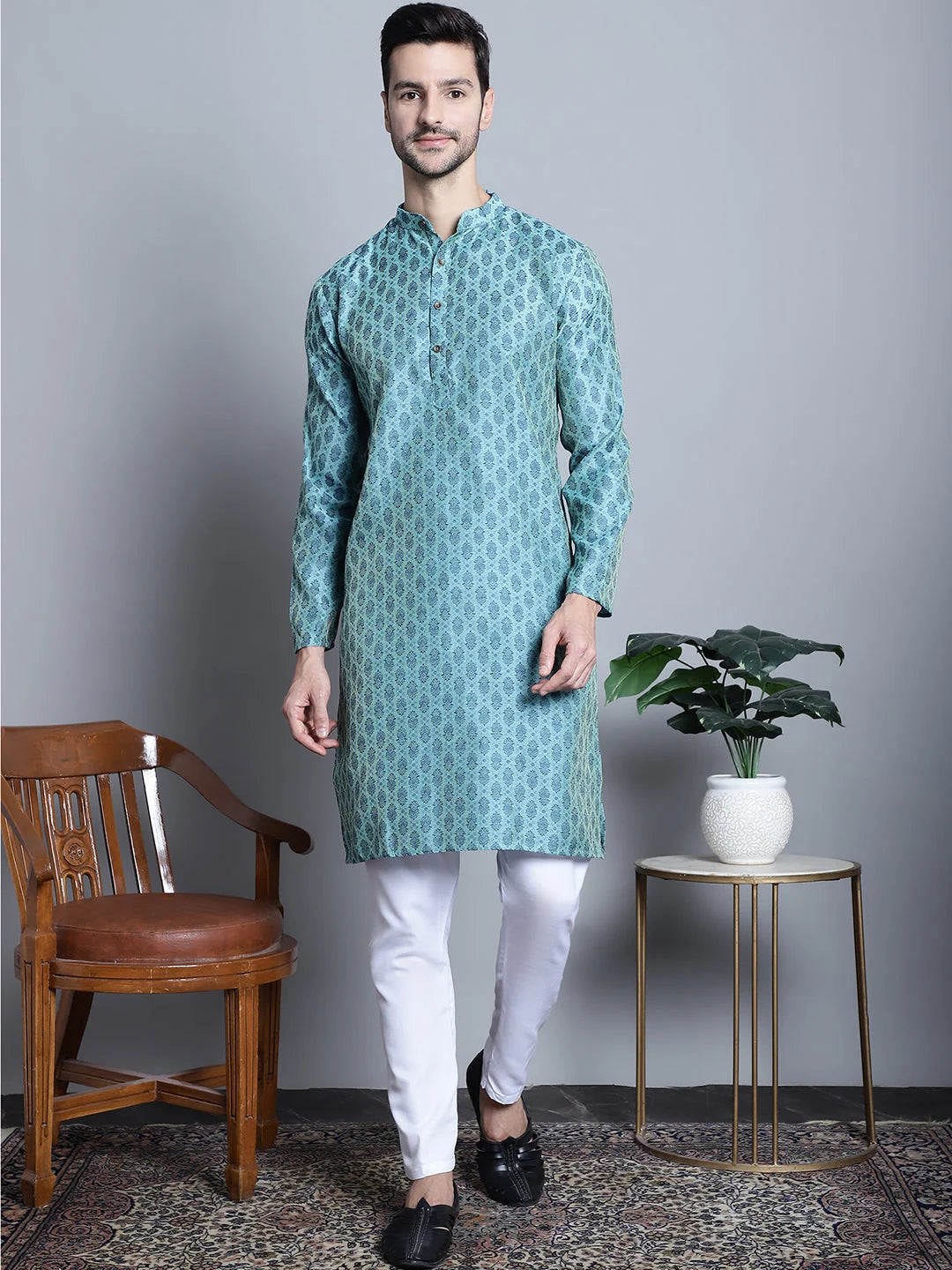 Blue Woven Design Kurta - Indian Kurta for Men Online