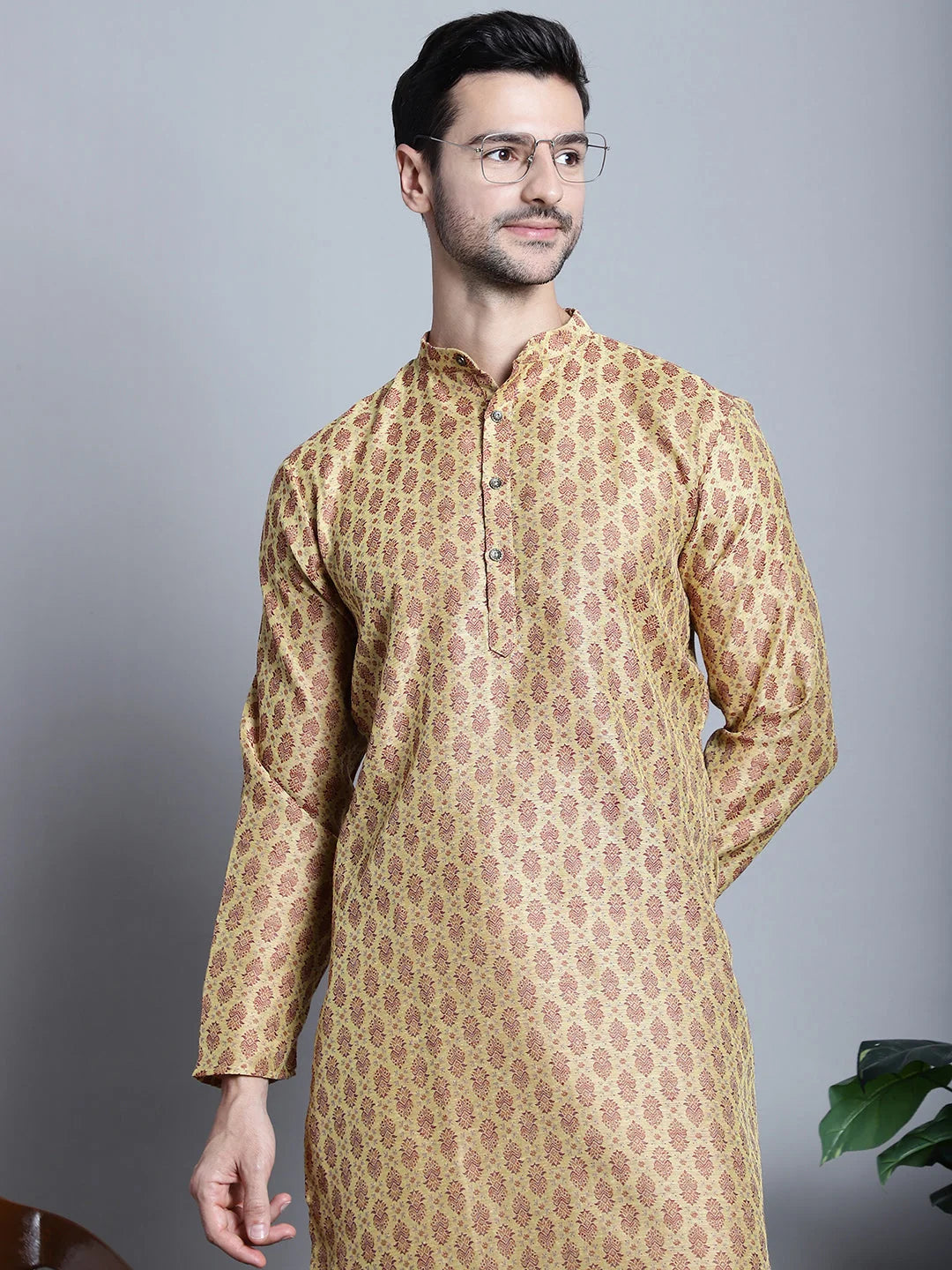 Yellow Woven Design Kurta - Stylish Indian Kurta for Men