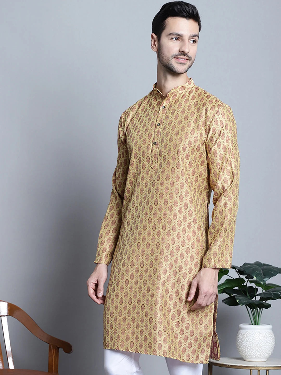 Yellow Woven Design Kurta - Stylish Indian Kurta for Men