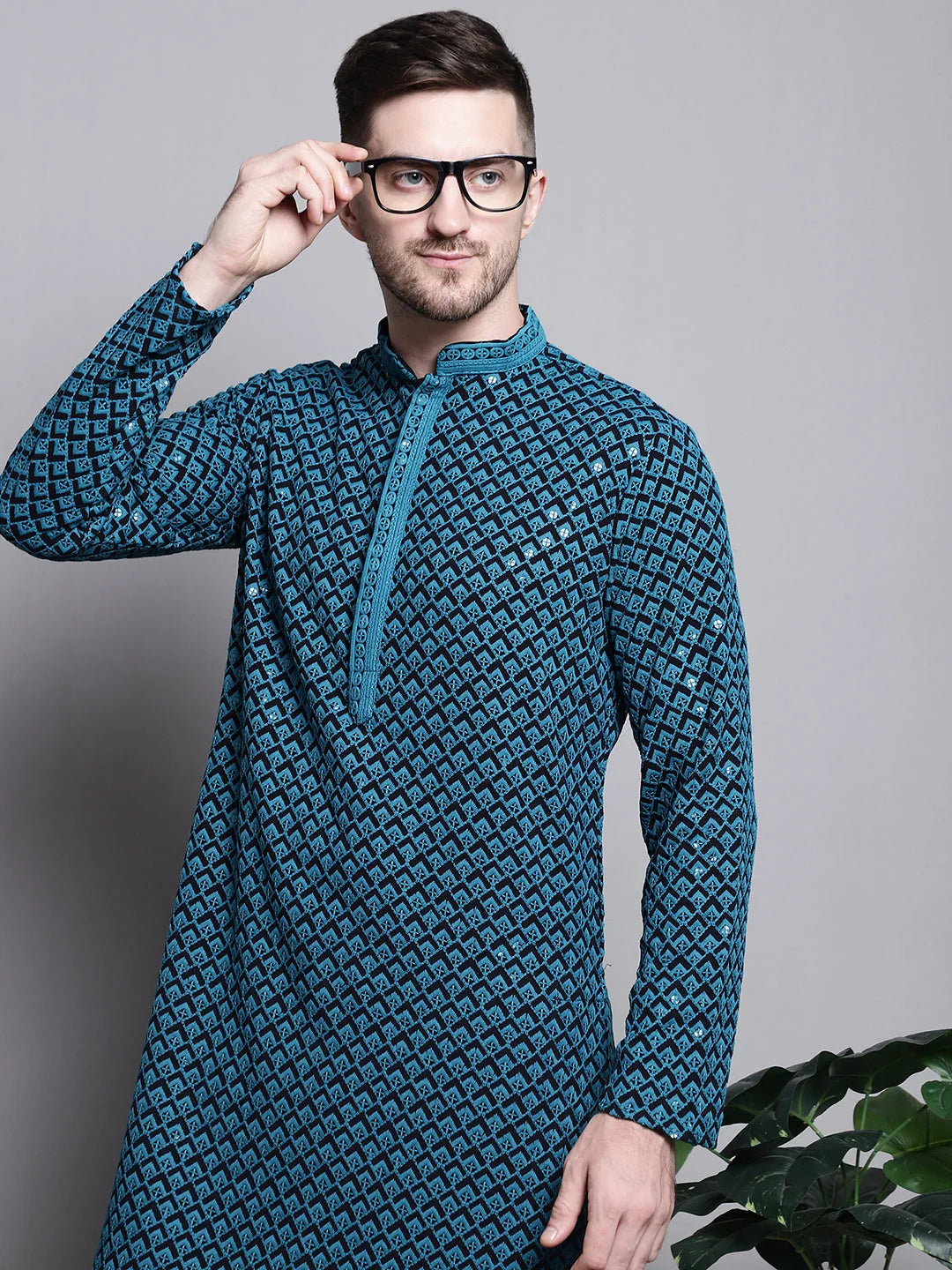 Blue Embroidered Kurta - Stylish Cotton Mens Kurta Pajama