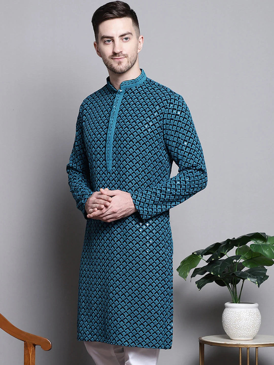 Blue Embroidered Kurta - Stylish Cotton Mens Kurta Pajama