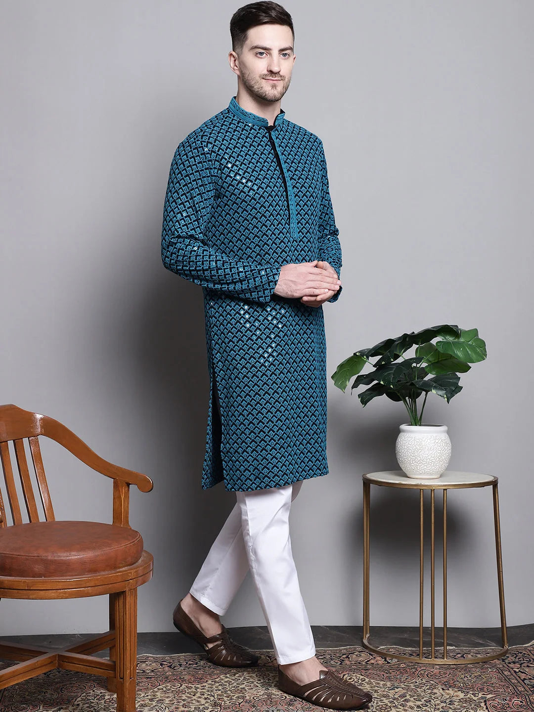 Blue Embroidered Kurta - Stylish Cotton Mens Kurta Pajama