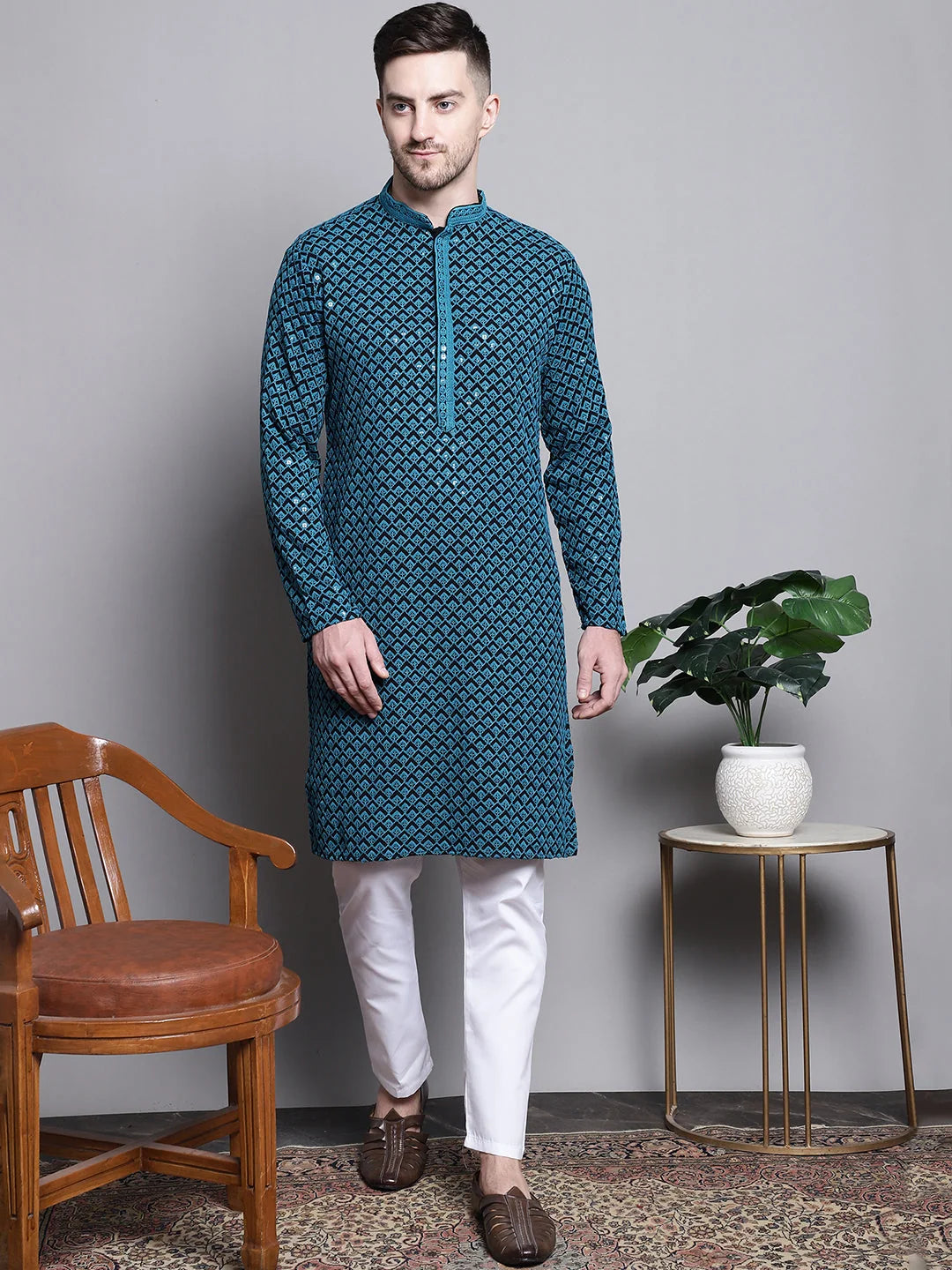 Blue Embroidered Kurta - Stylish Cotton Mens Kurta Pajama